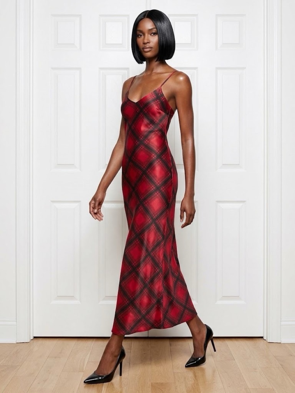Red Plaid Slip Dress with Spaghetti Straps